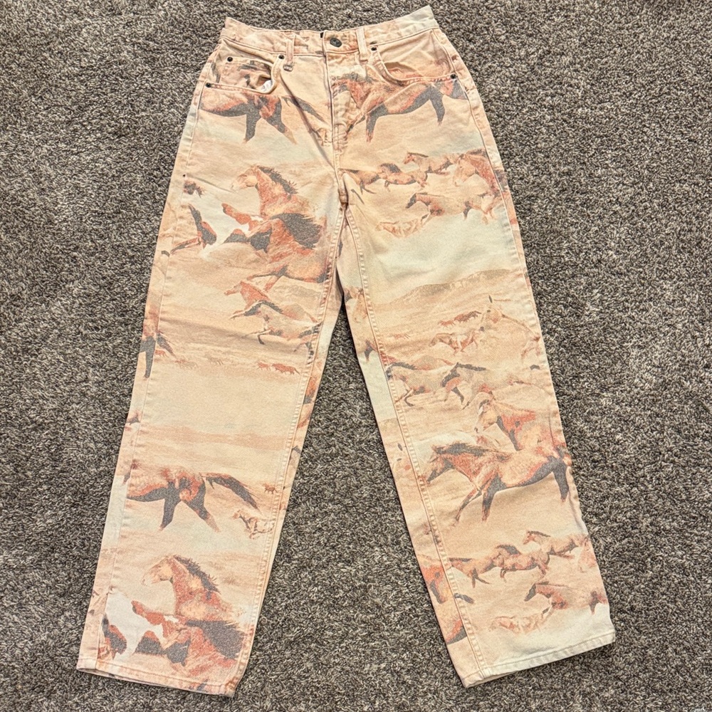 Urban Outfitters Beige High-Rise Baggy horse print Jeans